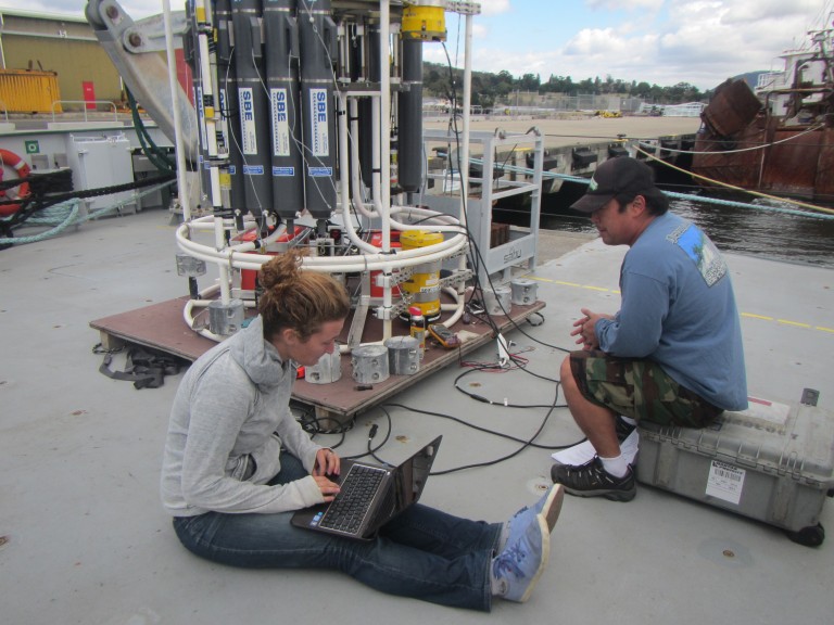 Amy and Spencer make sure the LADCP and computer are able to communicate with one another. 