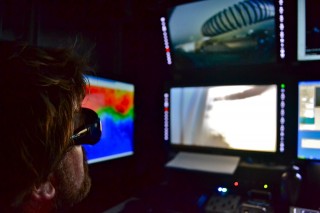 Carl Johnsen using the 3D camera view while collecting a sediment sample. 