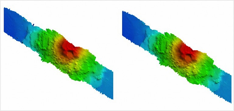 Data image of a seamount before (left) and after (right) processing for removal of outlier points. 