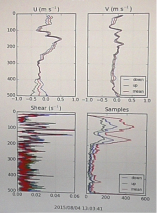 The data generated by the ADCP: measured velocity profiles (upper half) and calculated shear (lower left). 