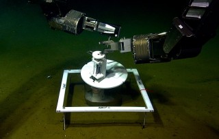 Deployment of one of the chambers for Neus's experiments. One manipulator arm holds the chamber in place while the other presses down on the pellet of phytoplankton and clay to spread it on the sediment below.