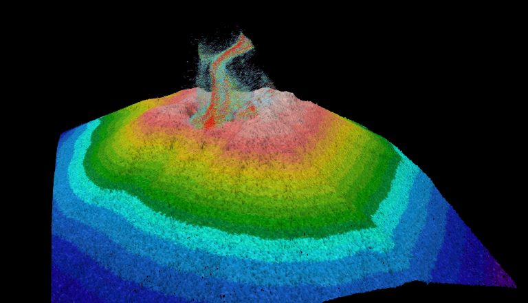 Falkor's systems working well and detecting the vent plume at Daikoku vent field. We used the ship's Em302/710 throughout the night and got 2m resolution at the summit (400m deep). At 400m we managed to get 2m resolution at the summit crater which produced awesome data that was better than previously acquired ROV multibeam! Using the systems water column capability Leighton was able to detect the plumes from the main venting area and overlay it on the multibeam.