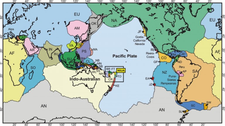 Major and minor plates of the Earth’s continents and oceans. The Niua Volcanic Complex is situated on one of 32 microplates at the apex of the Indo-Australian Plate and the westward advancing Pacific Plate. Modified after Bird (2003).