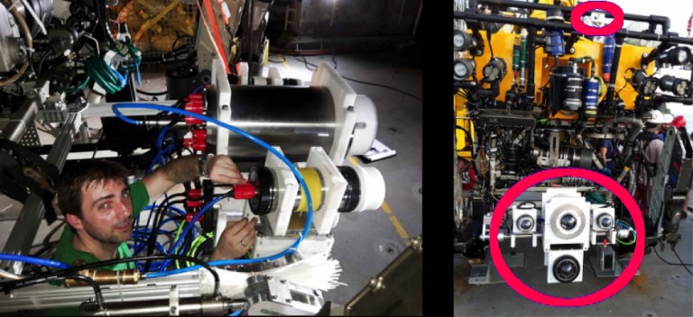 The setup of our 4 cameras and a laser line on the top. The bottom camera is a high-resolution still photo camera. These cameras are synchronized with a flash (mounted on the swing arms of the robot) firing every 1.5 seconds and they will serve for photogrammetric reconstruction of the shape of the seafloor. On top a multibeam echo sounder and a sensitive 4k video camera with a 180 degrees fisheye lens are connected. This camera will serve for live broadcasting to youtube, for teleconferences, and for virtual reality sessions. 