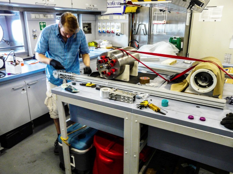 Tom Kwasnitschka prepares his camera system in Falkor's Dry Lab for the Virtual Vents Cruise