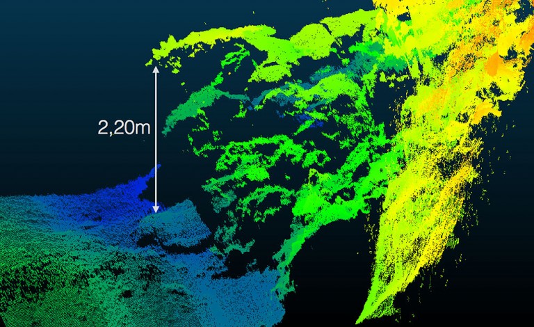 By extracting information about distance from every recorded image, the seabed can be represented as a geo-referenced 3D pointcloud, allowing to directly size all mapped objects. In the pointcloud shown, here a false color representation was chosen to visualize different seafloor heights (blue = low, yellow =high).