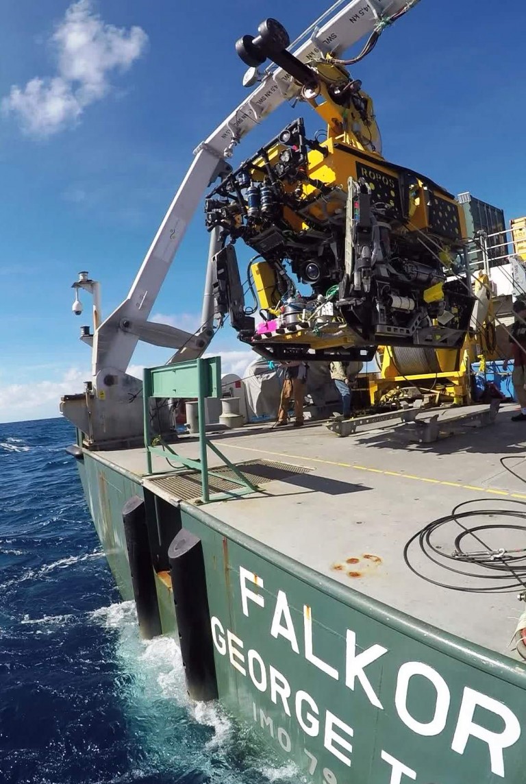 The remotely operated vehicles ROPOS launching from the research vessel Falkor during one of the calmer days at sea.