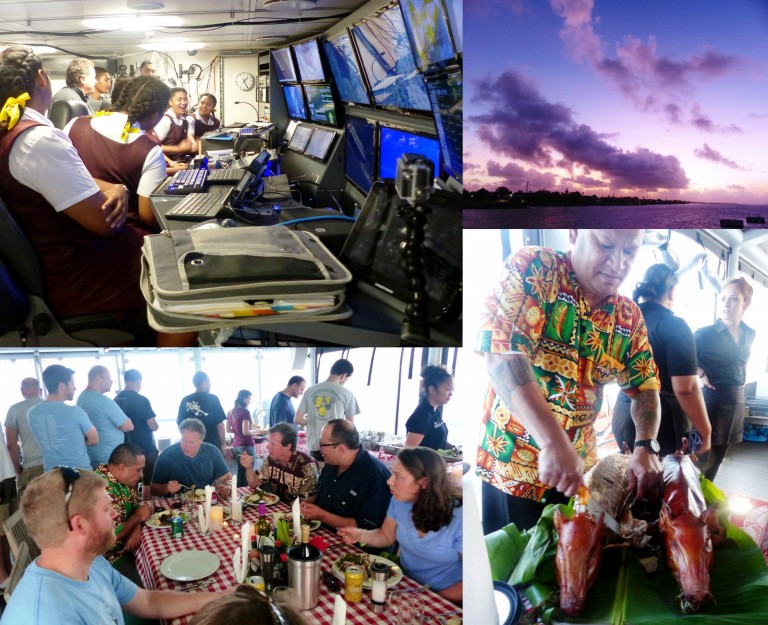 While harbored in the country of Tonga the science team and crew hosted ship tours for local students and professionals after which they said farewell to the beautiful country, new friends and colleagues over a traditional Tongan dinner on board the R/V Falkor.