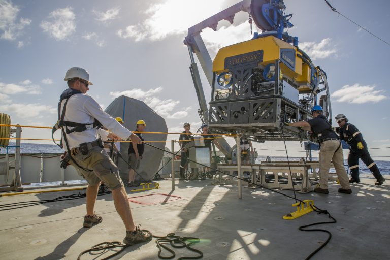 Lars and the ROV team guide SuBastian safely back to the ship after the first science dive.