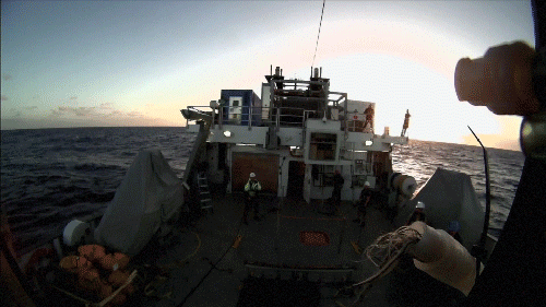 SuBastian launching from R/V Falkor as the sun rises in the Mariana Back-arc