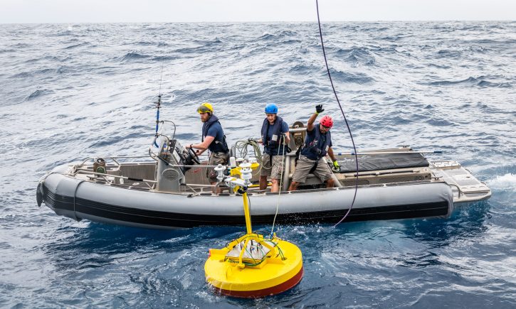 Taigh MacManus (2nd Officer), Elizabeth Corkerton (Deckhand) and Archel Benitez (Lead Deckhand) carry out the first step of SPIP (Surface Processes Instrument Platform) recovery. In Atreyu, they must position themselves next to the buoy in order to attach the lifing line. Easier said than done in choppy water, but, having done this every day for the past two weeks, the team make it look efortless.