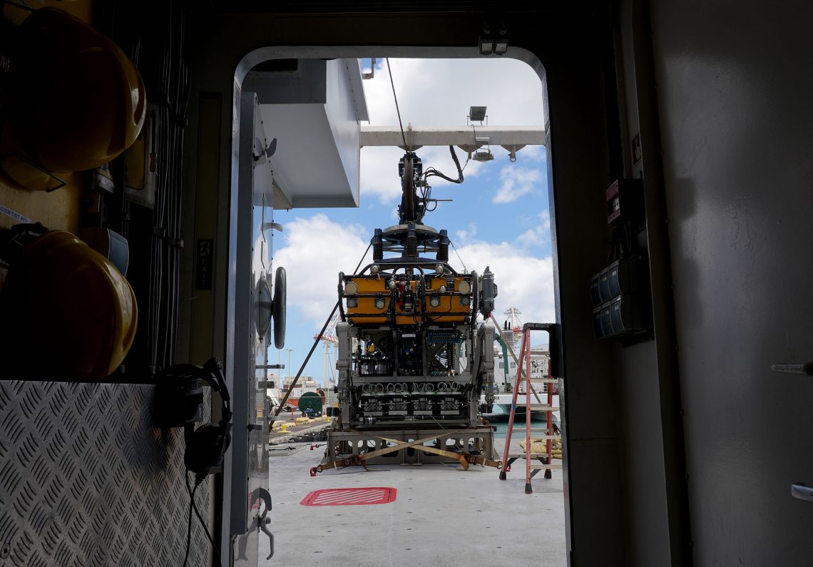 A picture of a Remotely Operated Vehicle taken from inside of a doorway.