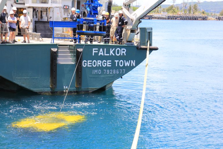ROV SuBastian is placed into the ocean for the first time in Apra Harbor, Guam.