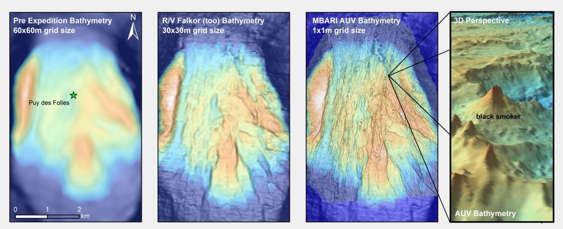 A map of the seafloor showing the different resolutions produced from different kinds of mapping tools.