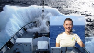 Adriana is Falkor's Purser. The background photo of the Falkor was taken by Adriana during rough seas on a previous expedition.
