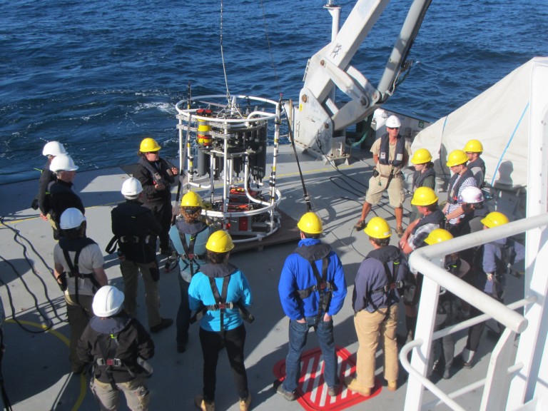 The entire science team gets an in depth orientation to launching the CTD rosette from the Falkor crew.