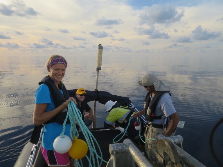 Deploying a shallow instrument mooring within North Scott Reef. 