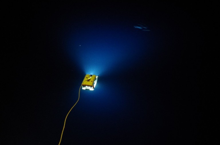The ROV SAAB Sea Eye sinks beneath the surface for an evening of exploration.