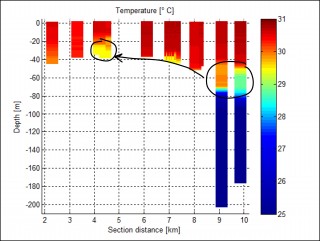 A picture, or curtain, in space showing the fluctuation in ocean temperature across a transect.