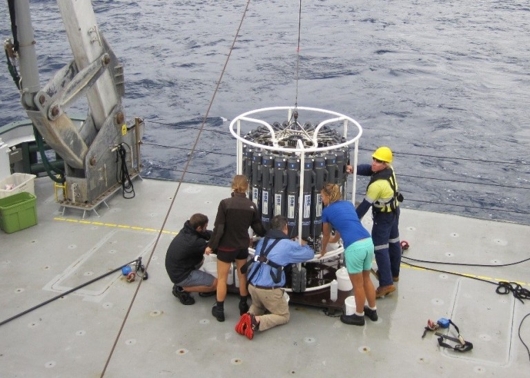 All hands on deck as scientists collect water samples to analysis.