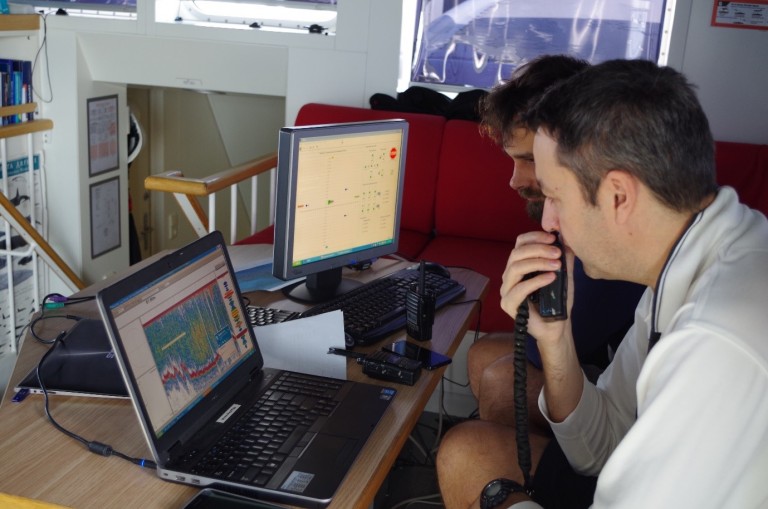 Ben Radford examines the Ecogram from the EK60 looking for the characteristic signal of the calibration ball.