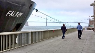 At Pier 15, with the San Francisco Bay Bridge as a backdrop.