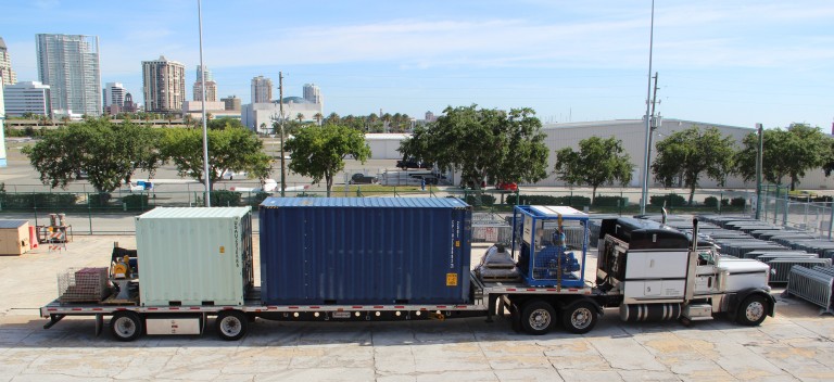 A truckload of equipment and HROV Nereus arrive to the ship for mobilization