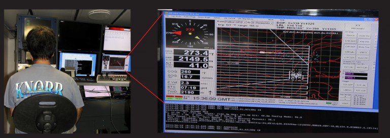 Ko-ichi keeping vigil on Nereus Eh watch around 6am this morning.  The screen on the right shows the planned box-within-a-box-within-a-box strategy we tried for today’s dive.