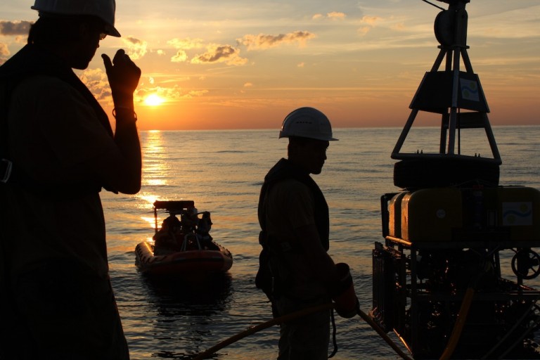 ROV Global Explorer MK3 during a sunset recovery onto R/V Falkor in the Gulf of Mexico. 