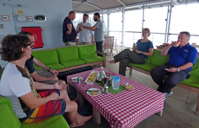 Science crew and ship's staff share an evening BBQ.