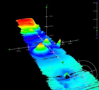 Captured 3D image of processed bathymetric/depth data showing various seamounts on Tamu Massif. 