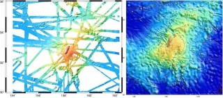 A comparison of Tamu Massif maps. (Left) Map showing actual high-resolution depth soundings. (Right) Map of Tamu Massif created using high-resolution data combined with satellite data. 