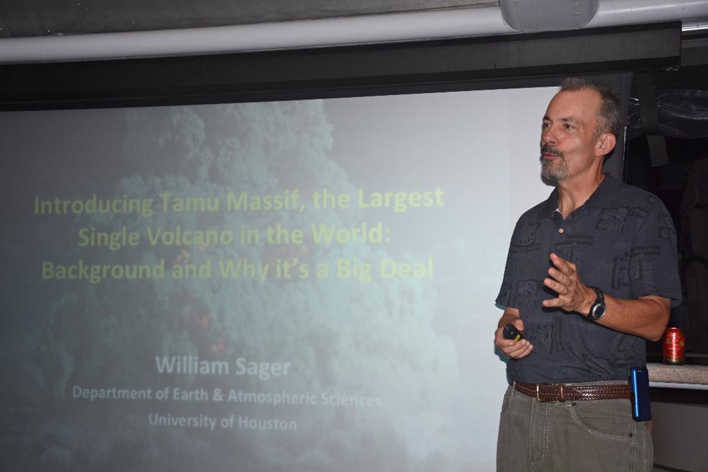 Aboard the Falkor, Chief Scientist Dr. William Sager lectures over Tamu Massif, including the basics on magnetic fields. 