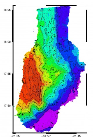 Our new detailed map of the SW corner of the Mid Cayman Rise.  Colours go from shallow (red) to deep (purple) with contour depths written in meters.