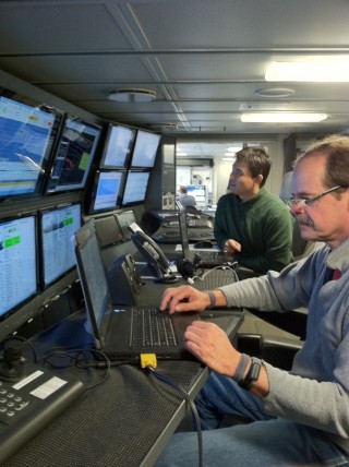 John Neese, PhD Student, records ship data and checks to see all is functioning well on the monitors. 