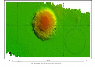 Graphic of small hill on seabed roughly 450m high and 2.5km in diameter produced from EM302 multibeam data acquired in route to Tamu Massif. 