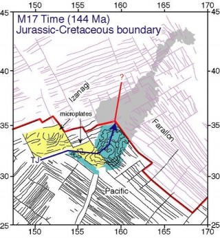 Shatsky Rise is thought to have formed along track of triple junction (where 3 plate boundaries come together). The blue area is Tamu Massif and the yellow are microplates. Image credit: Nakanishi et al., JGR (1999).