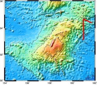 Survey plot map showing two of our finished survey lines across Tamu Massif. 