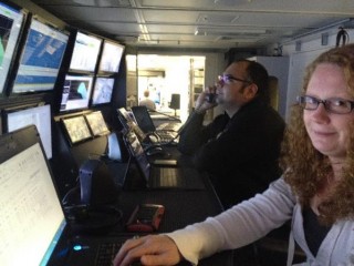 Watchstanders John and Jennifer get a call from the bridge as we start a new line.  A new line means new files so the data is recorded correctly. 