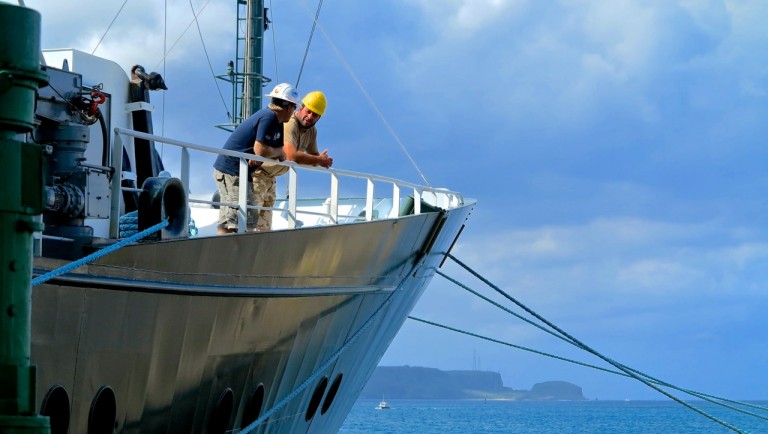 Falkor at the dock before leaving Guam en route to the Challenger Deep. 