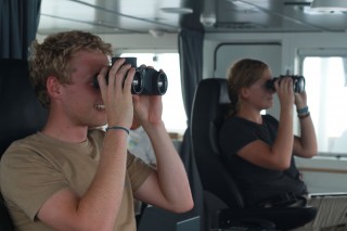 Navigator Paul Shepherd and Lisa Spitzhuettl on the bridge.