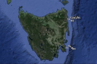 The steep continental shelf of Tasmania’s eastern shore showing T-TIDE moorings. 