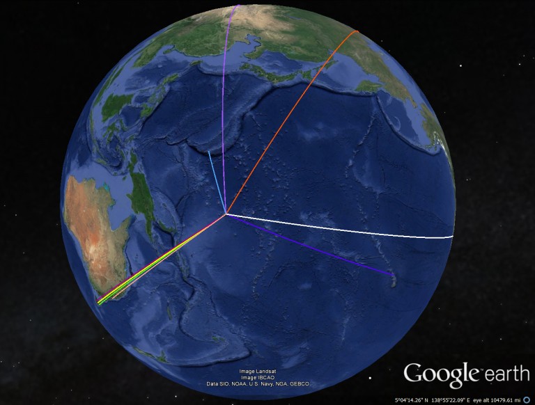 Straight line travel tracks of the Science team to board R/V Falkor at Pohnpei. 