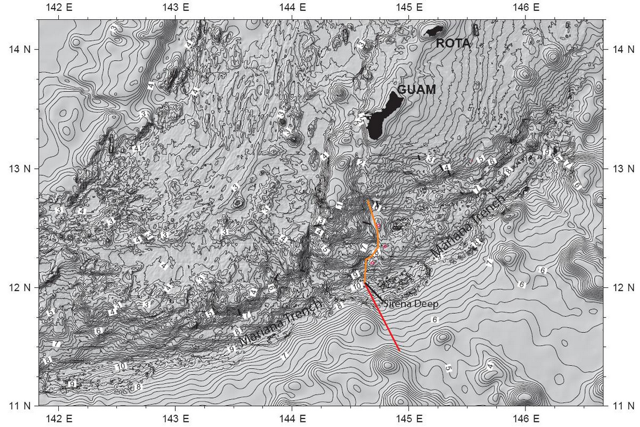 Map of the southern Mariana Trench showing our projected cruise track. We will sample at 13 stations starting at 5000 meters depth south of Guam, descending to nearly 11000m, then back up the other side of the trench on the subducting plate, again to 5000 m. 