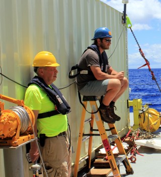 Ben and I eagerly wait for the go ahead to begin deploying AUV Sentry over the side of Falkor.