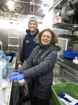 In transit to Antarctica? No, it's just graduate stduents Logan Peoples and Eleanna Grammatopoulou working in the cold box. 