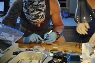 PhD Candidate Thomas Linley samples white muscle tissue from a snailfish.