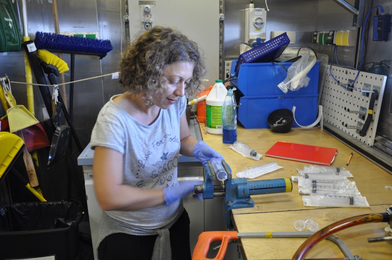 PhD Candidate Eleanna Grammatopoulou prepares mini cores to collect sediment samples from the rockgrabbers.