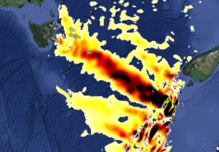 Internal wave energy flow as it moves across the Tasman Sea. 