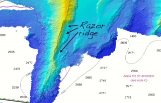 The razor ridge likely created by a landslide south of Pioneer Bank.